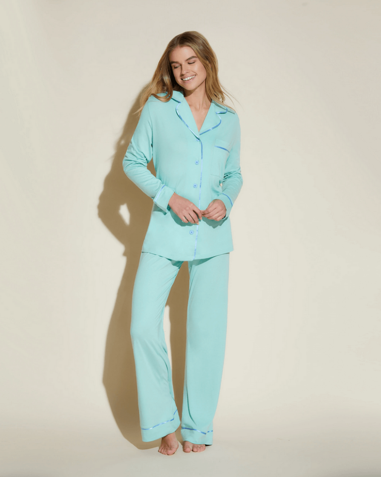 Cosabella Bella Relaxed Long Sleeve Top & Pant Basil/Riviera Blue on white blonde model